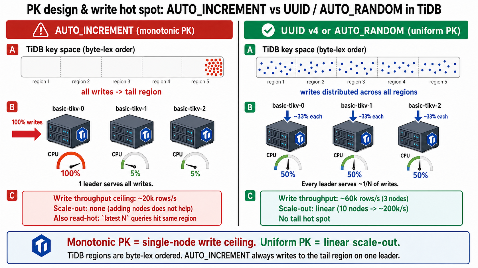 PK design: AUTO_INCREMENT hot spot vs UUID / AUTO_RANDOM uniform distribution